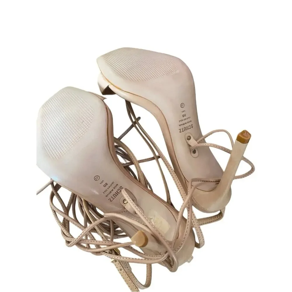 Schutz NWOB Vikki Leather Lace-Up Strappy High Heel Sandals in Nude size 8